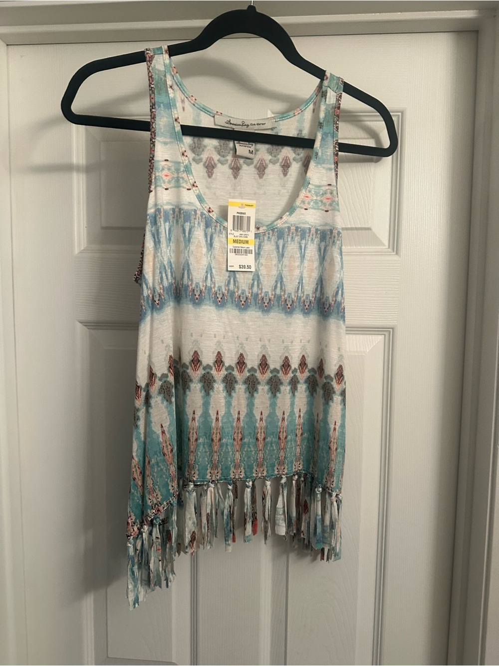 American Rag Aqua and White Tribal Fringe Tank